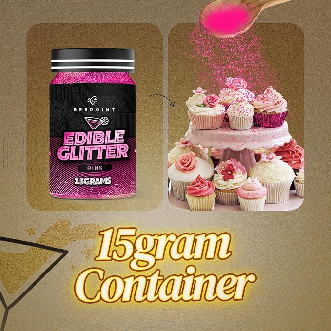 BeePoint Pink Edible Glitter for Drinks 15g - Food Grade, Vibrant Color Shimmer Powdered Dust for Drinks, Cocktails, Cake Decorating, Baking, Chocolates, Candy, Sweets, & Cookies - Vegan & Gluten Free
