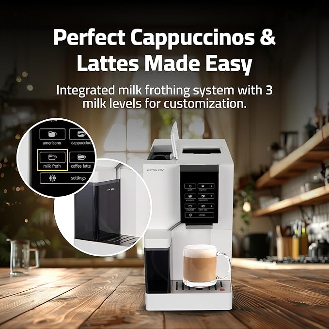 Epsilon Fully Automatic Coffee Machine, Modern One Touch Espresso Machine, Integrated Milk Frother and Custom Brewing Cafe Maker, Compact Countertop Size, Self Cleaning Cafetera (White)