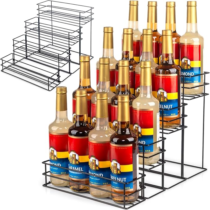 16 Bottle Capacity Coffee Syrup Organizer 4 Tier Coffee Syrup Stand Shelf for Coffee Bar Accessories for Coffee Bar Kitchen Small Wine Rack for Bar Family Storage for Syrup Wine Dressing