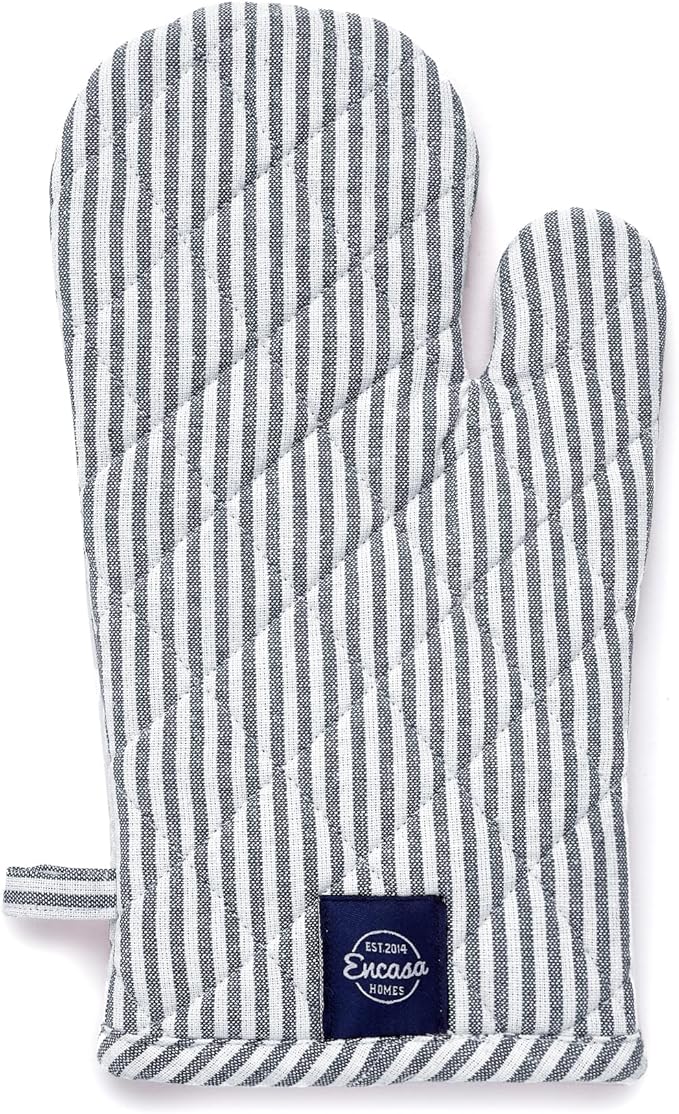 Encasa Homes Long 12"x7" Oven Microwave Hand Gloves Mitts (2 pc Set) for Kitchen Cooking & Baking - Heat Resistant, Thick & Safe, Protection of Hands from Hot Utensils - Ticking Navy Blue