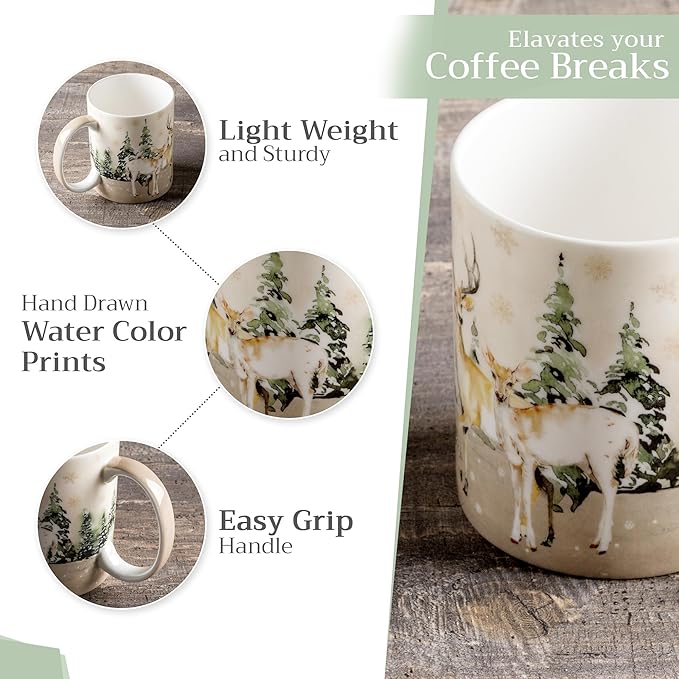 Maison d' Hermine Coffee Mug with Handles Fine Bone China Mugs Pack of One Tea Cups for Hot Beverages Cappuccino Latte Home Office Perfect for Gift (Deer In The Woods - Forest Deer, 12 Ounce)