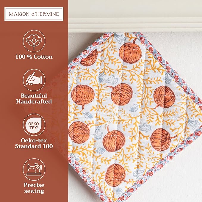 Maison d' Hermine Pot Holders 100% Cotton Heat Resistant Potholders 8" x 8" Hot Pads with Loop BBQ, Cooking, Baking, Grilling, Kitchen, Handling Hot Pans (Pack of 1, Harvest Festival)
