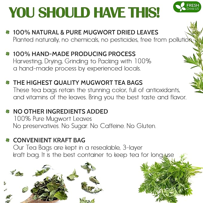 FreshDrinkUS, Premium 60 Mugwort Leaf Tea Bags, 100% Natural and Pure Mugwort Leaves. Loose Leaf Mugwort Herbal Tea. Mugwort Leaf Tea. No Sugar, No Caffeine, No Gluten, Vegan.