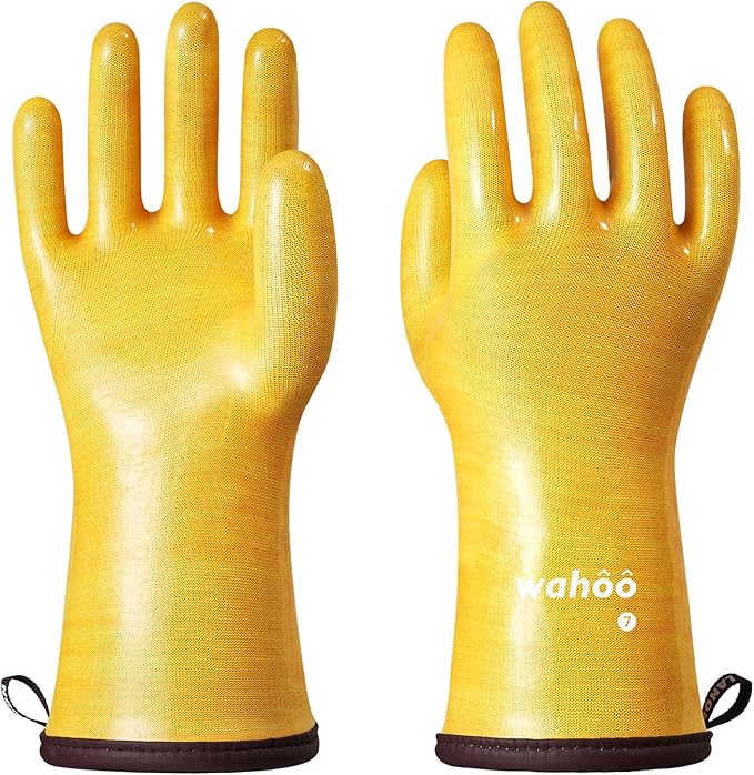 wahoo Professional Liquid Silicone Oven Mitts Gloves, Heat Resistant Gloves for Cooking, Baking, CoralAir Liner, 12 Inch, Yellow, Medium