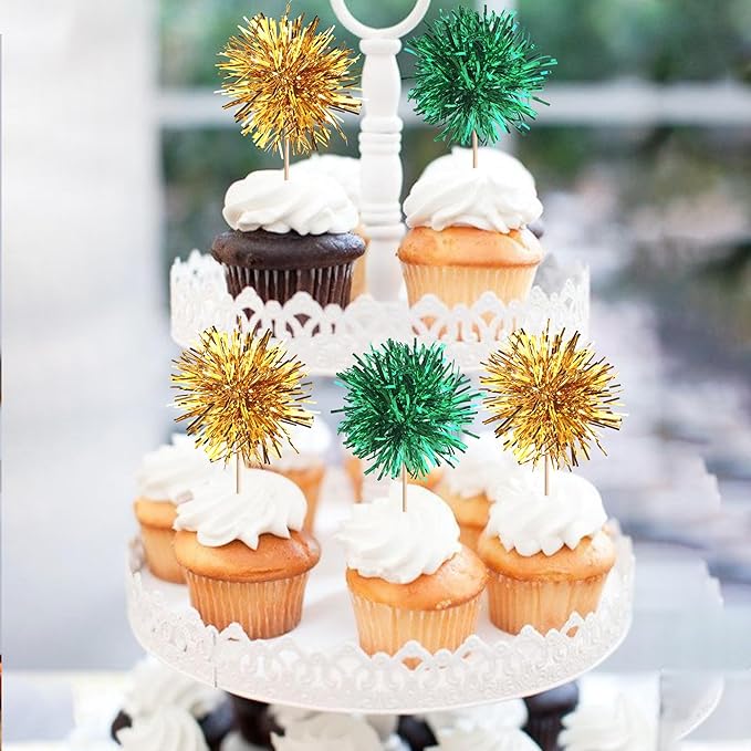 40 PCS Foil Firework Cupcake Toppers Fireworks Cupcake Picks Sparkle Tinsel Cake Decorations Cocktail Fruit Toothpick for Firework Theme Birthday Wedding Graduation Party Decor Supplies Gold Green