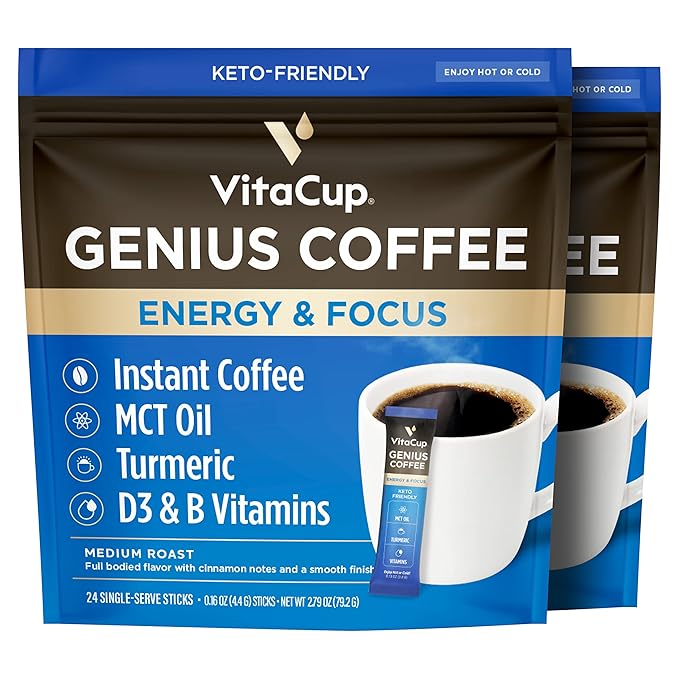VitaCup Genius Instant Coffee Packets, Increase Energy & Focus, Keto Coffee, Serve Hot or Cold Brew, MCT Oil, Turmeric, B Vitamins, D3, Bold & Smooth,100% Arabica Coffee in Single Serve Sticks, 48 Ct