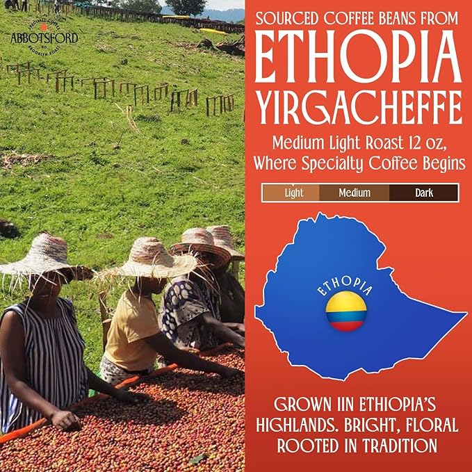 Ethiopia Yirgacheffe Ground Coffee, Medium-Light Roast Ground Coffee with Stone Fruit, Caramel & Toasted Pine Nuts, Specialty Coffee, Single Origin 12oz Bag, Perfect Flavored Ethiopian Coffee Gift