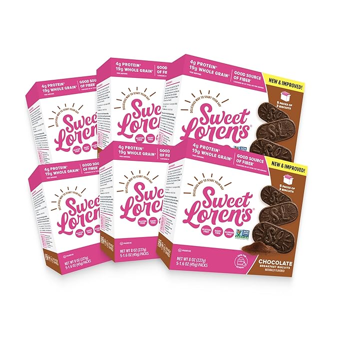 Sweet Loren's Vegan Breakfast Biscuits | Chocolate | 4g Protein, 19g Whole Grains | Plant Based, Gluten Free, Dairy Free, Nut Free Snacks | 6 Pack (30 Total Biscuits, 1.6 ounce each)