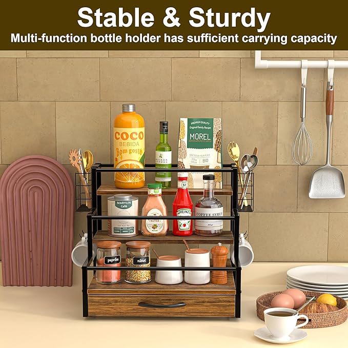 Coffee Syrup Organizer Rack, 4-Tier Syrup Bottle Holder Stand with 36 K Cup Pod Drawer Storage for Coffee Bar, 12 Bottles Storage Shelves for Syrup, Wine, Dressing for Kitchen Coffee Station