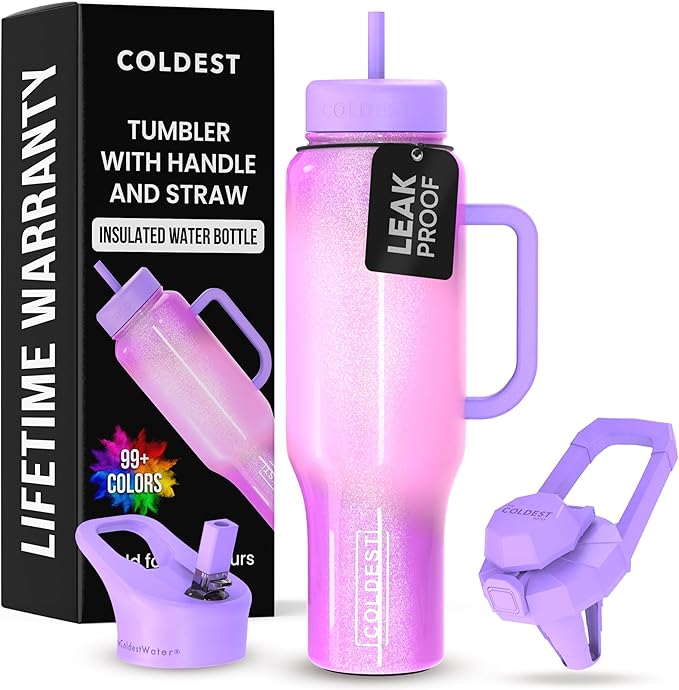 Coldest 40 oz Tumbler with Handle and Straw, 100% Leak Proof Insulated Tumbler with Lid and Straw (3 Lids), Stainless Steel Tumblers for Women & Men, Cup Holder Friendly, 46 oz (Popsicle Dream)