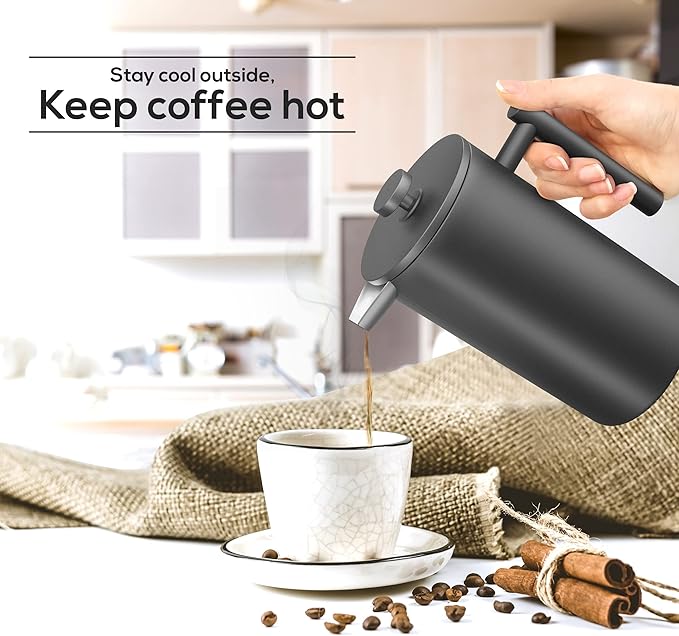 Utopia Kitchen Stainless Steel French Press Coffee Maker 34 Oz (1 Litre) with 2 Extra Filters, French Press Coffee & Tea Maker for Kitchen & Camping, Cold Brew Cafetiere, Black