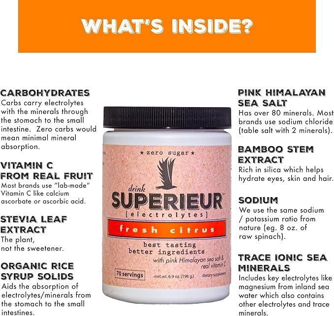 Superieur Electrolyte Powder Packets - Vegan Electrolyte Hydration Powder w/Sea Minerals - Keto Friendly, Non-GMO, Zero Sugar Electrolyte Supplement - Healthy Sports Drink - Citrus (14 Packets)