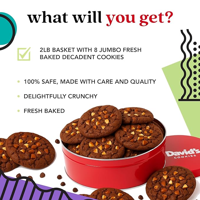 David's Cookies Fresh Baked Decadent Jumbo Almond Gourmet Cookies – 2lb Gift Basket Tin with 8 Large Almond Cookies – Bakery-Style Soft and Chewy Dessert for Holidays, Birthdays, Thank You Gifts