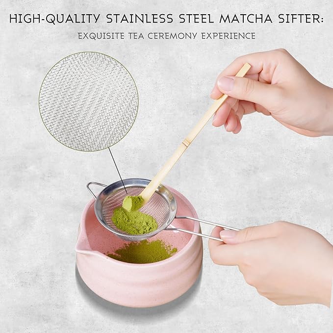Pink Matcha Set, 8 Pcs Matcha Whisk Set with Porcelain Sakura Tea Cup, Matcha Bowl, Whisk and Holder, Bamboo Scoop, Scoop Rest, Sifter, Tea Mat - Gift for Matcha Lover