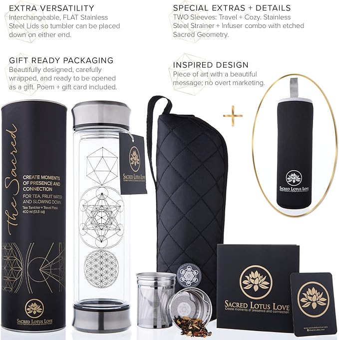Sacred Lotus Love Double-Walled Glass Tea Infuser Bottle - Portable Travel Mug with Strainer and Sleeve for Loose Leaf Tea, Coffee, Smoothies - Insulated Tumbler with Lid for Hot and Iced Beverages