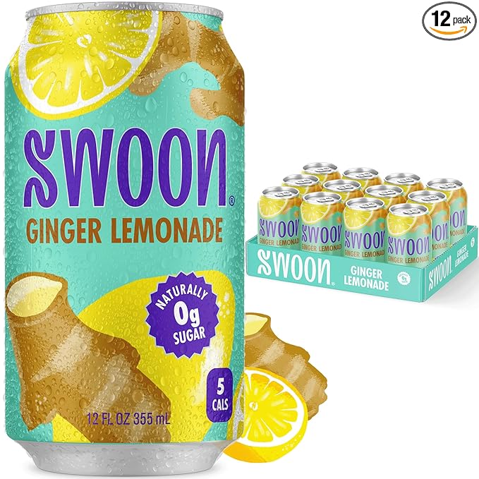 Swoon Ginger Lemonade - Sugar Free Lemonade, Low Carb, Keto & Paleo-Friendly, Gluten-Free - Zero Sugar Drinks Made with 100% Lemon Juice Concentrate & Sweetened by Monk Fruit, 12 Fl oz (Pack of 12)