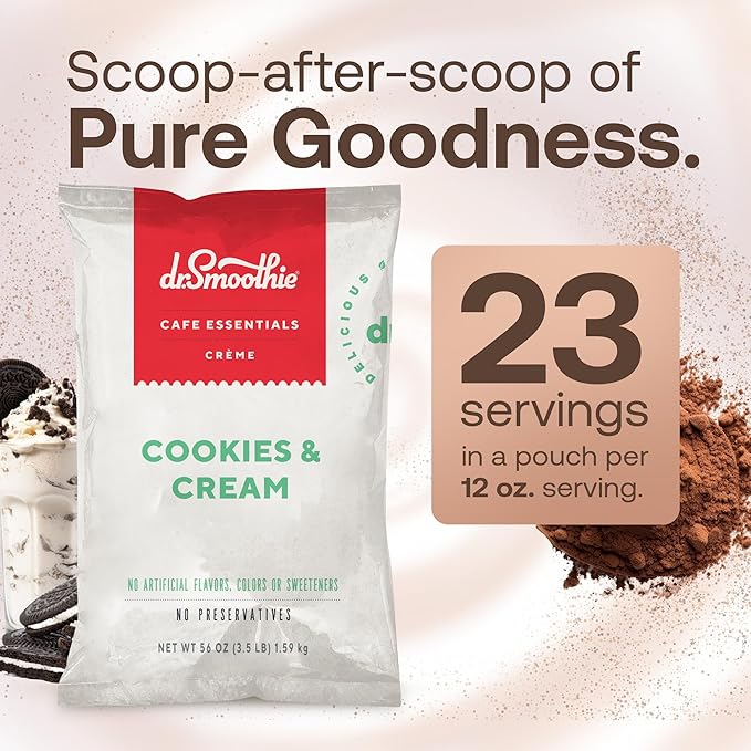 Dr. Smoothie Café Essentials Cookies & Cream – No Artificial Colors, Flavors, or Sweeteners – Shelf Stable – Caffeine-Free – Great for Hot, Iced, & Frozen Frappes (3.5 lb Bag, 23 Servings)
