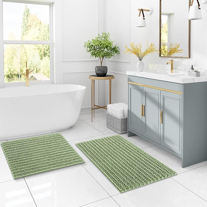 Arotive Luxury Chenille Bathroom Rug Mat, Extra Soft Thick Absorbent Shaggy Bath Rugs, Non-Slip Machine Wash Dry, Plush Bath Mats for Bathroom, Shower and Tub, 40x32, Sage Green