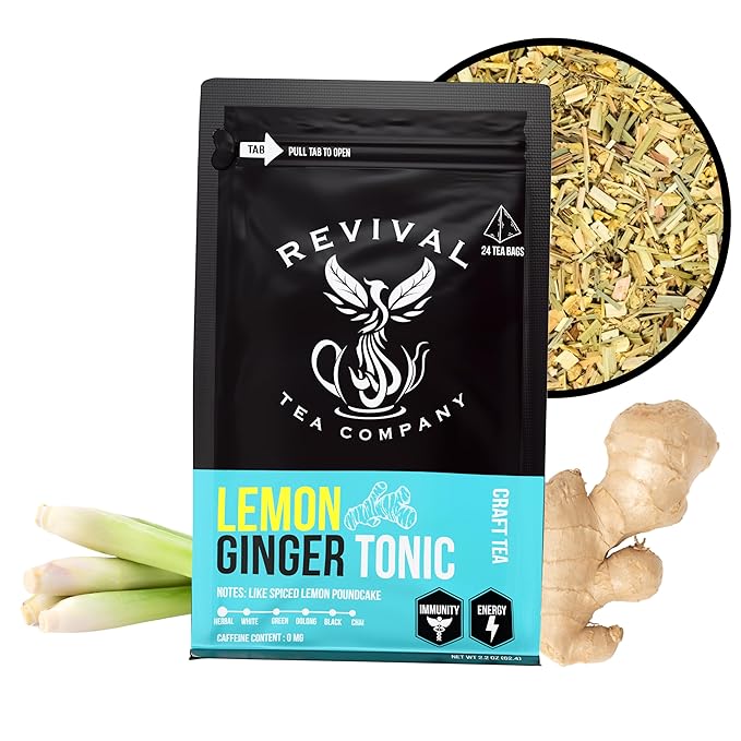 Revival Tea Company Lemon Ginger Tonic - Caffeine Free Herbal Tea Blend with Lemongrass and Ginger - 24 Tea Bags