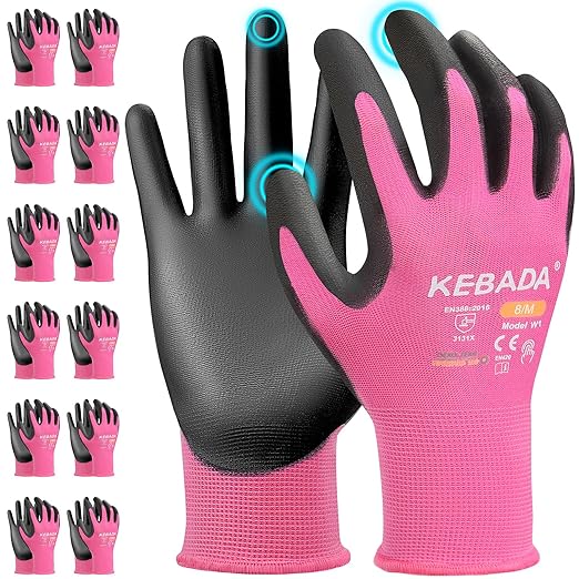 Kebada W1 Work Gloves Women, PU Coated Safety Gloves with Grip, Touchscreen, Ideal for Warehouse Package Handling, Construction, Gardening, Pink X-Small