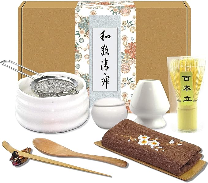 Artcome 10-Piece Japanese Matcha Tea Set - Matcha Bowl, Whisk, Scoop, Spoon, Cloth, Bamboo Holder, Powder Caddy, Strainer (White)