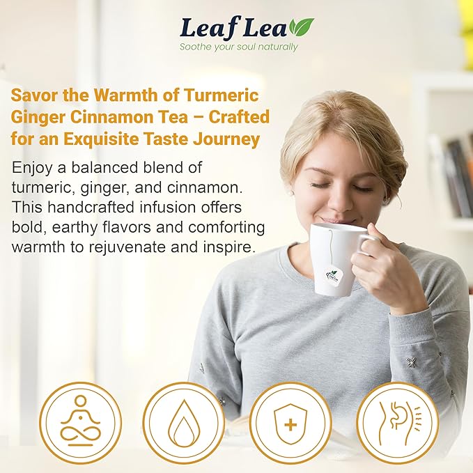 LeafLea Turmeric Ginger Cinnamon Tea, 120 Individually Wrapped Tea Bags, 100% Natural Herbal Blend with Pure Ginger and Turmeric, Supports Digestion & Immune Health, Caffeine-Free, No Sugar