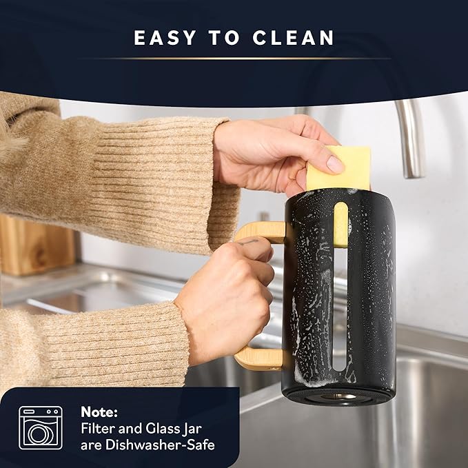 Home Hero French Press Coffee Maker - 34 oz Coffee Press with Bamboo Wood Handle, Heat Resistant Thick Borosilicate Glass French Presses, 4 Layer Filter, French Press Stainless Steel (Black)