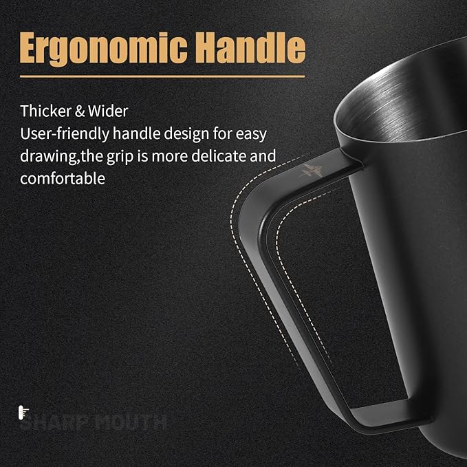 MHW-3BOMBER Milk Frothing Pitcher, 16oz/450ml Milk Frother Cup for Barista, SUS304 Stainless Steel Espresso Steaming Pitchers for Milk/Coffee/Latte Art, Matte Black, P3025B-OS