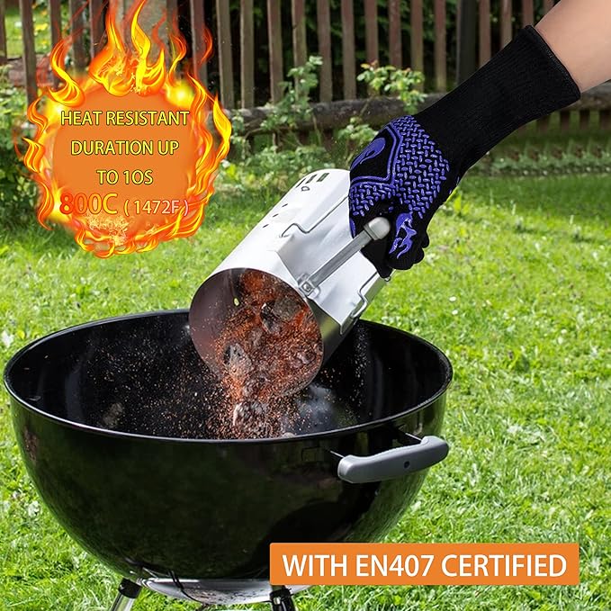 BBQ Fireproof Gloves, Grill Cut-Resistant Gloves 1472°F Heat Resistant Gloves, Non-Slip Silicone Oven Gloves, Kitchen Safe Cooking Gloves for Oven Mitts,Barbecue,Cooking, Frying,13.5 Inch-Blue