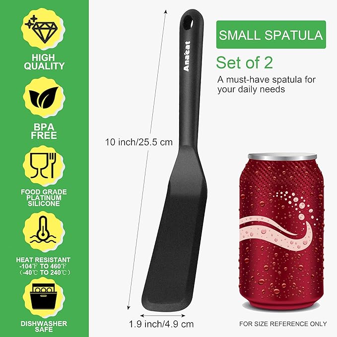 Anaeat Silicone Thin Spatula Set of 2 - Mini Brownie Serving Spatulas - Non Stick Spurtle Turner for Easy Cooking Eggs, Omelet, Pancake, Burgers, Pizza, Steak, Crepes, Heat Resistant & BPA Free