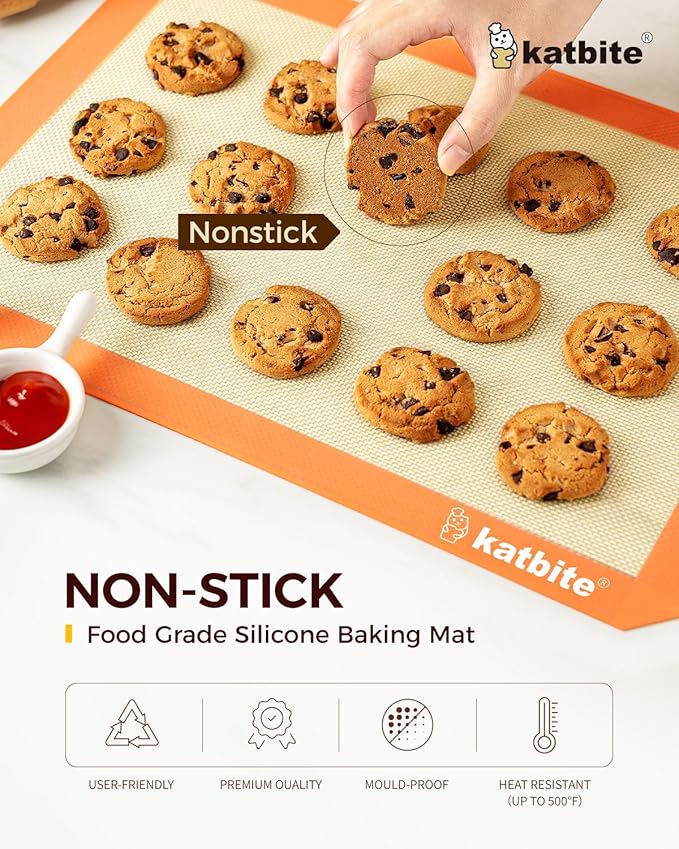 Katbite Silicone Baking Mat Colorful Collection - Set of 3: 2 Half Sheets Mats (11 5/8" x 16 1/2") + 1 Quarter Baking Sheet, Reusable & Nonstick Bakeware Mats for Cookies, Macarons, Bread (Orange)