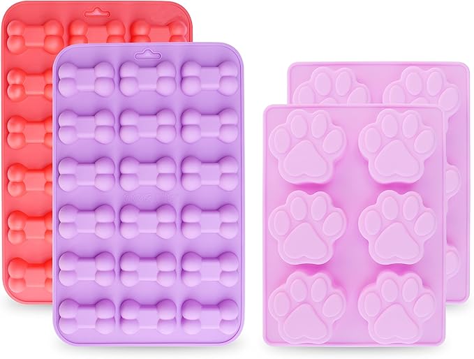 homEdge Jumbo Puppy Dog Paw (6 Cavity) and Bone Molds, Non-Stick Food Grade Silicone Dog Treats Molds, Silicone Mold for Chocolate, Candy, Jelly, Ice Cube, Dog Treats (Set of 4PCS)