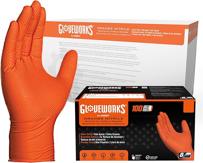 GLOVEWORKS Heavy-Duty Nitrile Gloves, Disposable, Latex Free, 8 Mil, Orange, Diamond Grip Glove