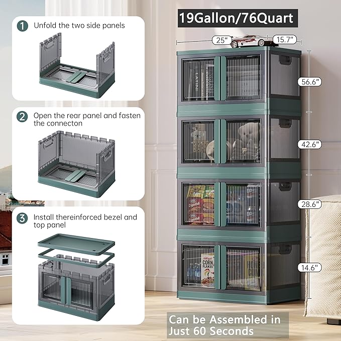 19Gal Collapsible Storage Bins with Lids & Wheels - 2 Pack Stackable with Doors, Heavy-Duty Plastic Containers for Home/Office, Green
