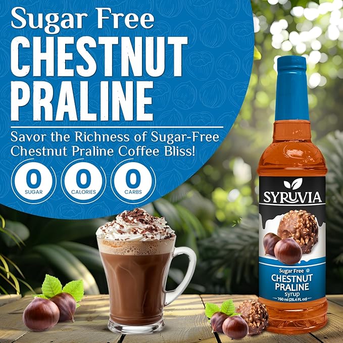 Syruvia Sugar Free Coffee Syrup, Chestnut Praline Flavored Syrup for Drinks, Lattes, and Desserts – 25.4 fl oz