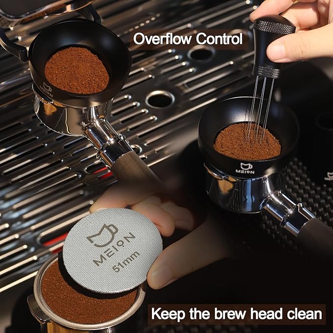 MEION 51mm Espresso Dosing Funnel and 51mm Puck Screen Set for 51mm Portafilters, Magnetic Coffee Portafilter Funnel, Reusable Espresso Puck Screen, Espresso Tools Espresso Accessories (51mm, Black)