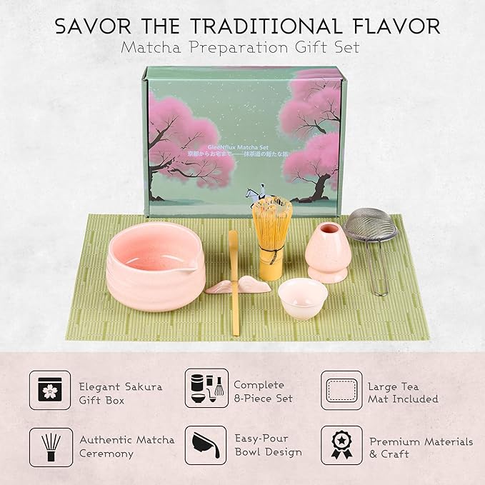 Pink Matcha Set, 8 Pcs Matcha Whisk Set with Porcelain Sakura Tea Cup, Matcha Bowl, Whisk and Holder, Bamboo Scoop, Scoop Rest, Sifter, Tea Mat - Gift for Matcha Lover
