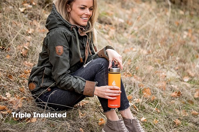 HYDRO CELL Stainless Steel Insulated Water Bottle with Straw - For Cold & Hot Drinks - Metal Vacuum Flask with Screw Cap and Modern Leakproof Sport Thermos for Adults (Red/Orange 24oz)