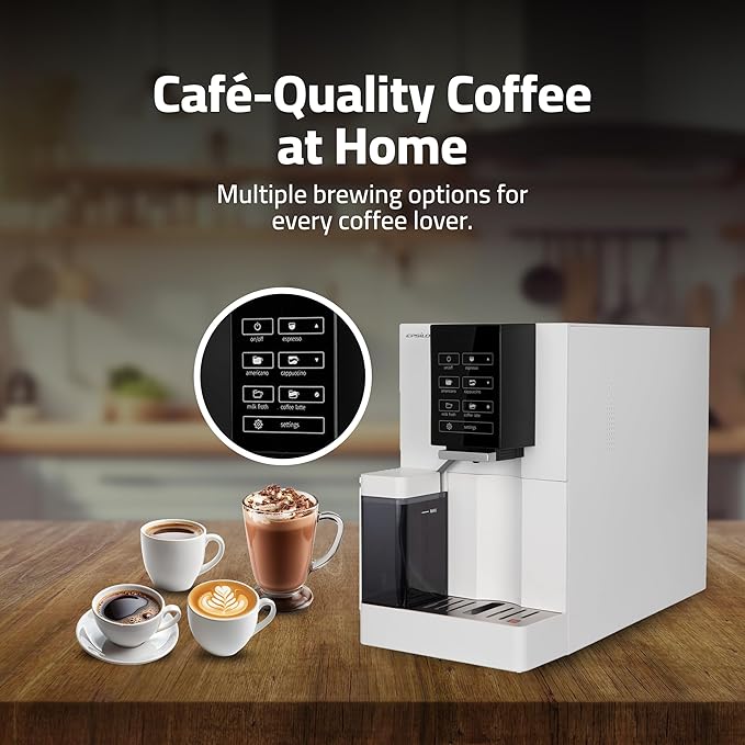 Epsilon Fully Automatic Coffee Machine, Modern One Touch Espresso Machine, Integrated Milk Frother and Custom Brewing Cafe Maker, Compact Countertop Size, Self Cleaning Cafetera (White)