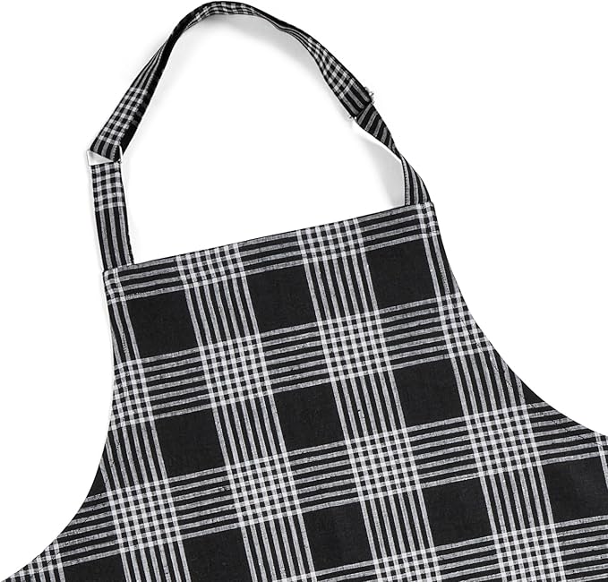 Solino Home Linen Bib Apron for Men & Women - Black and White Plaid Kitchen Apron with Front Pockets - Handcrafted from European Flax