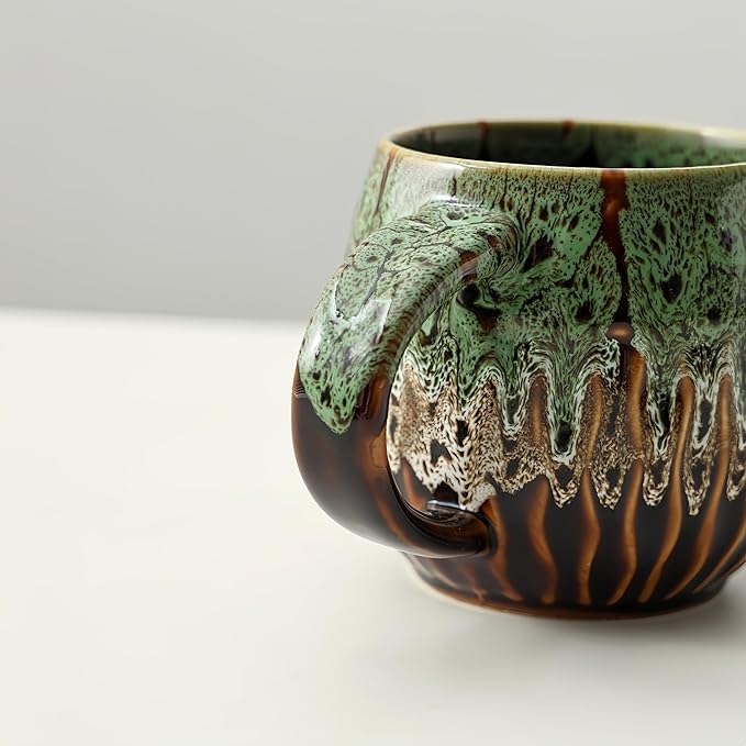 20oz Raku Glaze Coffee Mug - Unique Handcrafted Look Ceramic Cup, Large Tea Mug, Microwave & Dishwasher Safe (green)