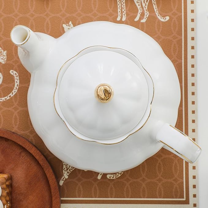 27oz White Porcelain Teapot with Gold Trim, Classic Ceramic Teapot for Loose Leaf Tea & Tea Bags, Elegant Small Teapots for Daily Use or Gifts