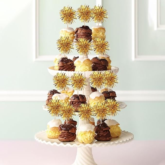 40 PCS Foil Firework Cupcake Toppers Fireworks Cupcake Picks Sparkle Tinsel Cake Decorations Cocktail Fruit Toothpick for Firework Theme Birthday Wedding Graduation Party Decorations Supplies Gold