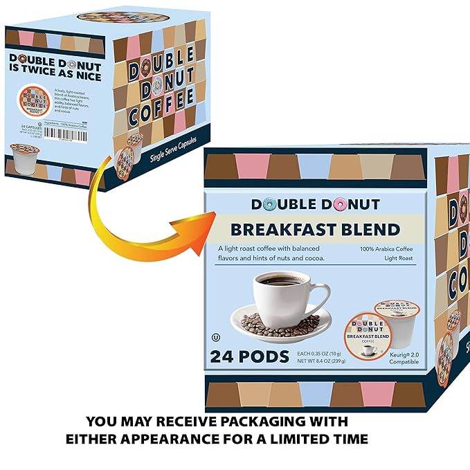 Double Donut Coffee Breakfast Blend Fresh Medium Roast Coffee SingleServe Pods for Keurig K Cup Brewer Machines 24 Capsules per Box