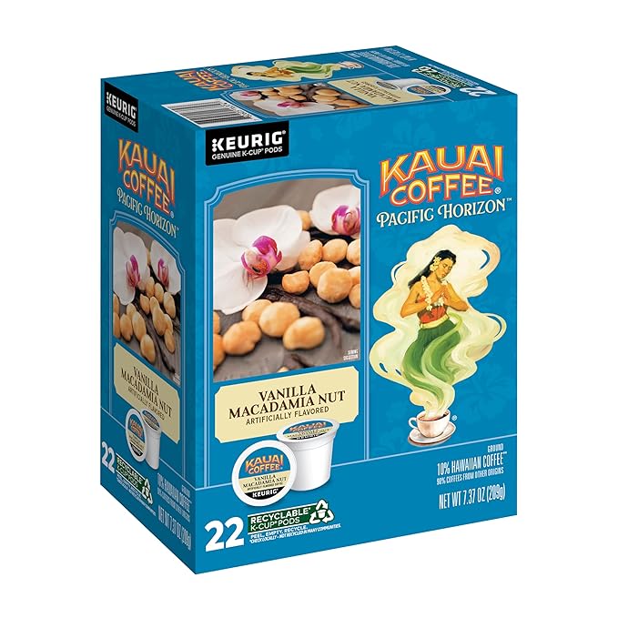 Kauai Coffee K-Cup Pods for Keurig Brewers – Arabica Coffee, 10% Hawaiian – Medium Roast, Vanilla Beans with Toasted Macabamia Nuts – Vanilla Macadamia Nut, 1 Pack of 22 Single Serve K-Cups