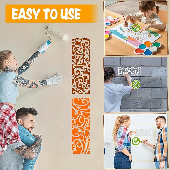 18 Pcs Large Flower Border Stencils for Painting, Reusable Plastic Leaf Cake Decorating Stencils for Baking, Hollowed Floral Edge Painting Templates for DIY Wood Wall Tile Furniture Canvas, 4" x 11.8"
