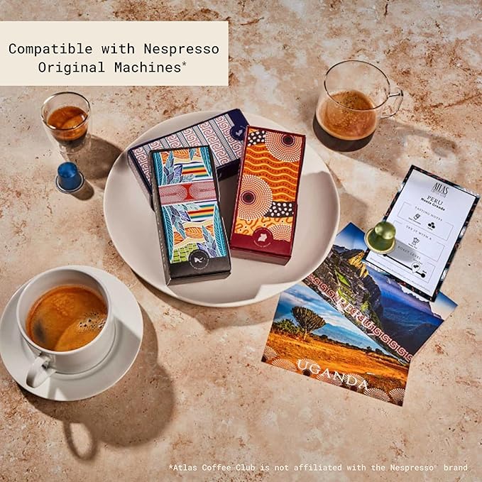 Atlas Coffee Club Espresso Pods Compatible with Nespresso Original– All Roast Variety Pack (80 Count)– Aluminum Capsules from El Salvador, Nicaragua, Peru & Uganda– Intensity 8-12