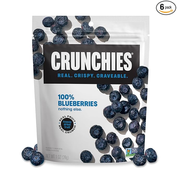 Crunchies Freeze-Dried Fruits, 100% All Natural Crispy Fruit, Non GMO and Kosher, Resealable Freeze Dried Fruit Snack Packs, Pack of 6 (Blueberries)