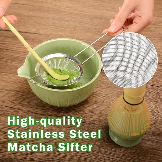 MONOJOY Matcha Whisk Set Ceramic Bowl Kit with Spout, Bamboo Chasen and Holder, Scoop Rest,Sifter Tea Towel Ceremonial Cute Matcha Tea Making Tool,Gift Perfect for Latte Lovers | Beginners,7pcs