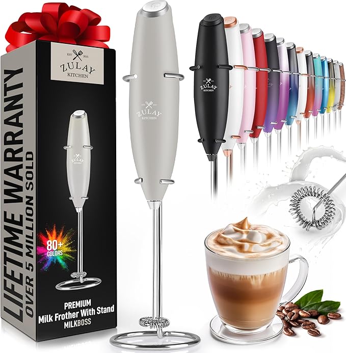 Zulay Kitchen Powerful Milk Frother Wand - Ultra Fast Handheld Drink Mixer - Electric Whisk Foam Maker for Coffee, Lattes, Cappuccino, Frappe, Matcha & Coffee Creamer - Milk Boss Gray